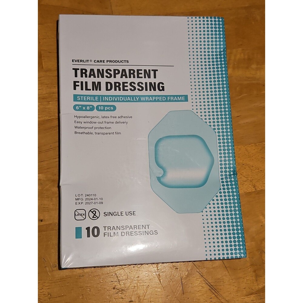 New Sealed Pack of 10 Everlit Transparent Film Dressings 6" x 8"